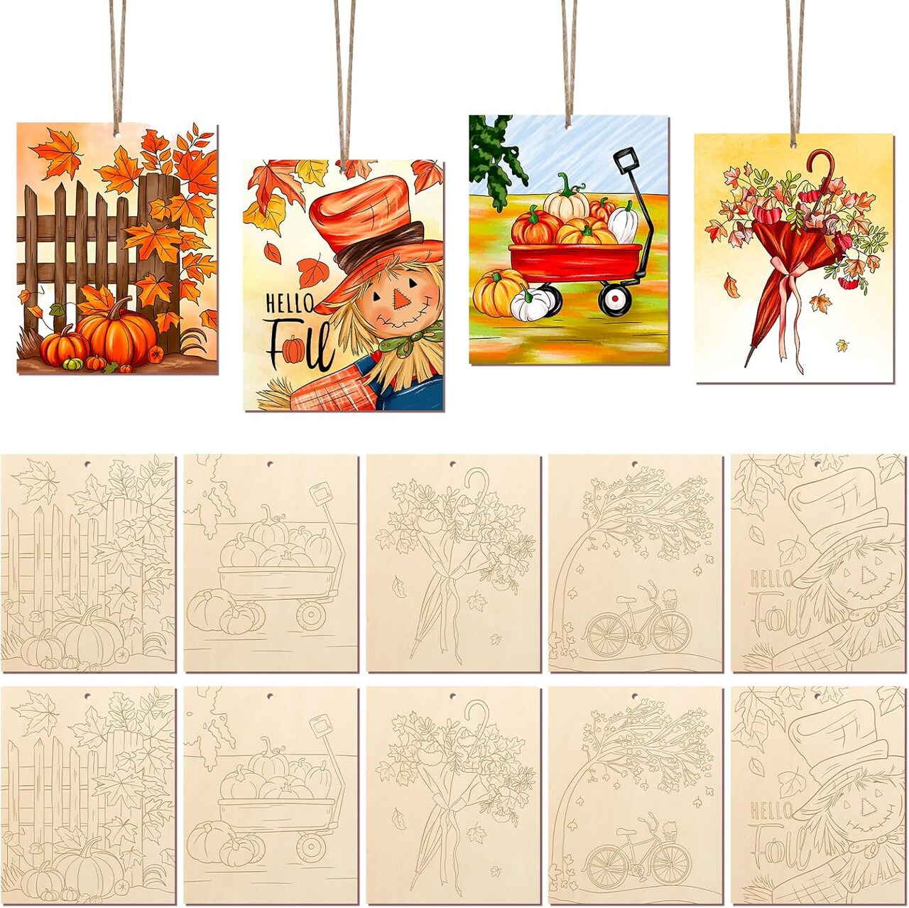 10 Pack Unfinished Wooden Fall Ornaments to Paint – Laser-Cut Pumpkin, Scarecrow & Leaf Wood Slices – DIY Hanging Craft Supplies for Kids & Adults (4.8" x 5.8")